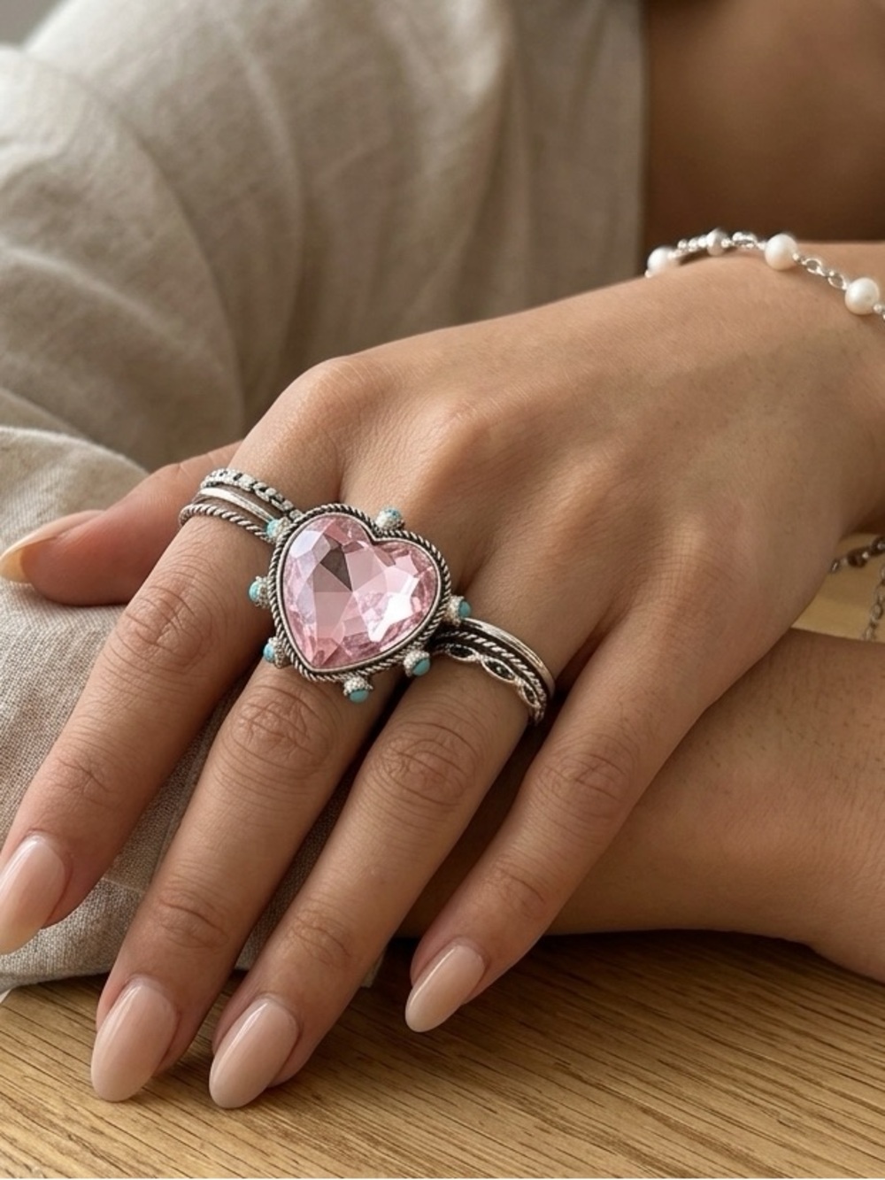 Glam Boho Pink Bling Heart Turquoise Statement Ring Vintage Romantic Cowgirl